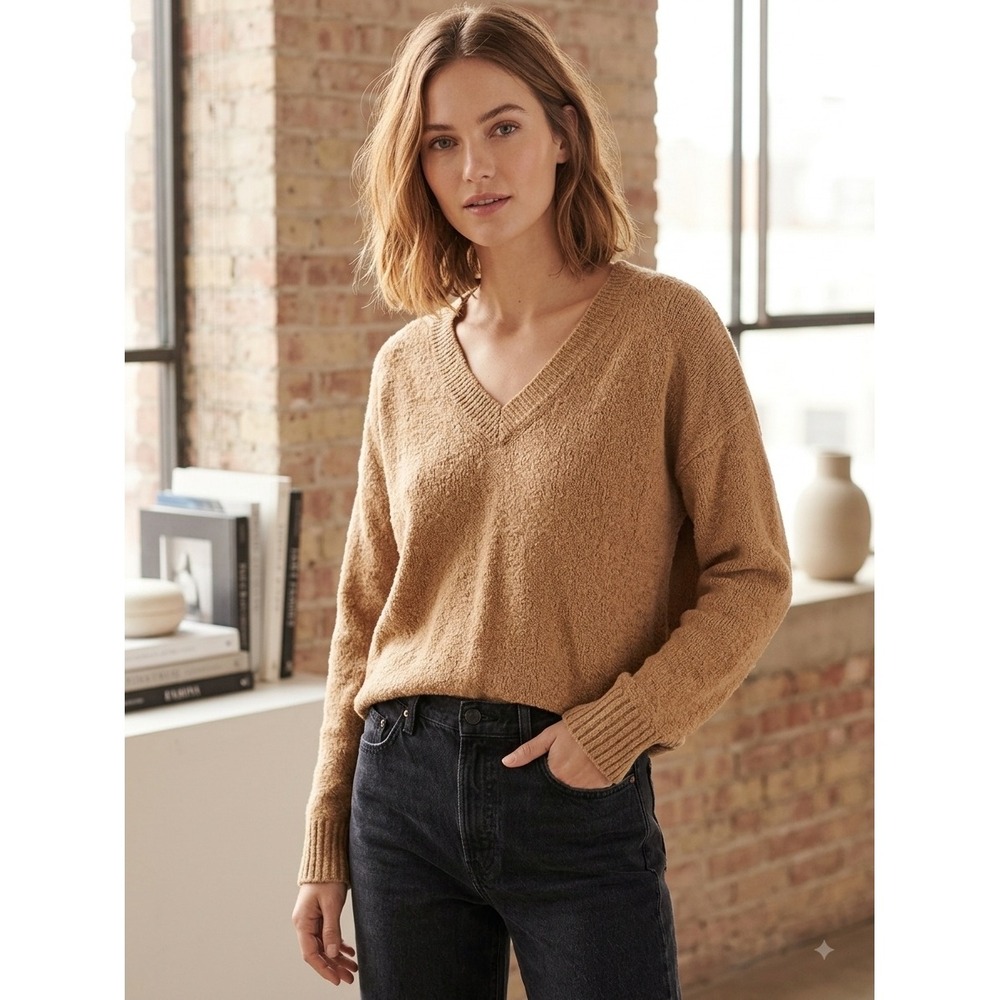 Vince Womens Camel Brown‎ Textured Boucle V-Neck Sweater V66878309 Large